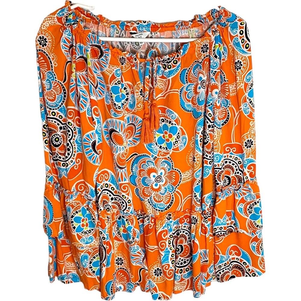 CROWN & IVY Boho Peasant Top Womens Small tunic paisley printed tassel
